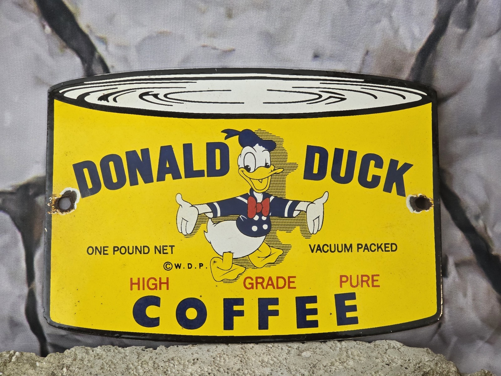 VINTAGE DONALD DUCK COFFEE PORCELAIN SIGN GAS OIL CAR TRUCK 8″×5.5″