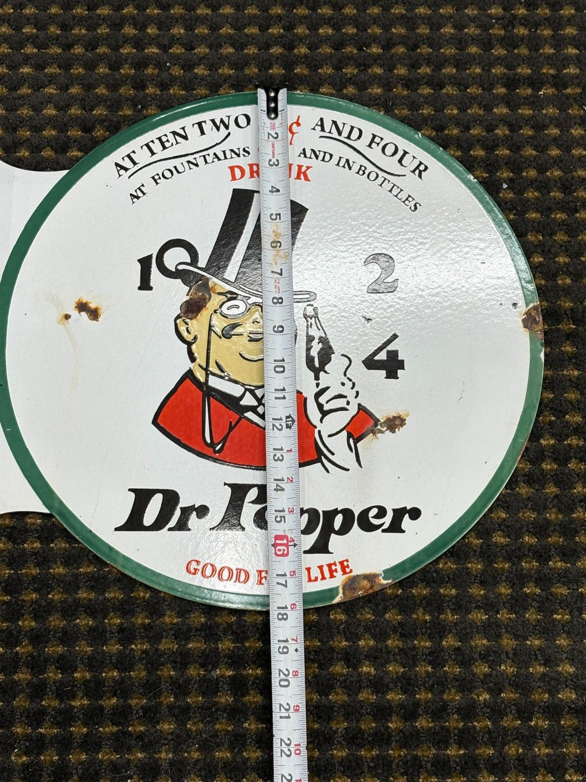 OLD “Dr PEPPER 10-2-4″ LARGE PORCELAIN FLANGE ADVERTISING SIGN, (19″x 18”) NICE