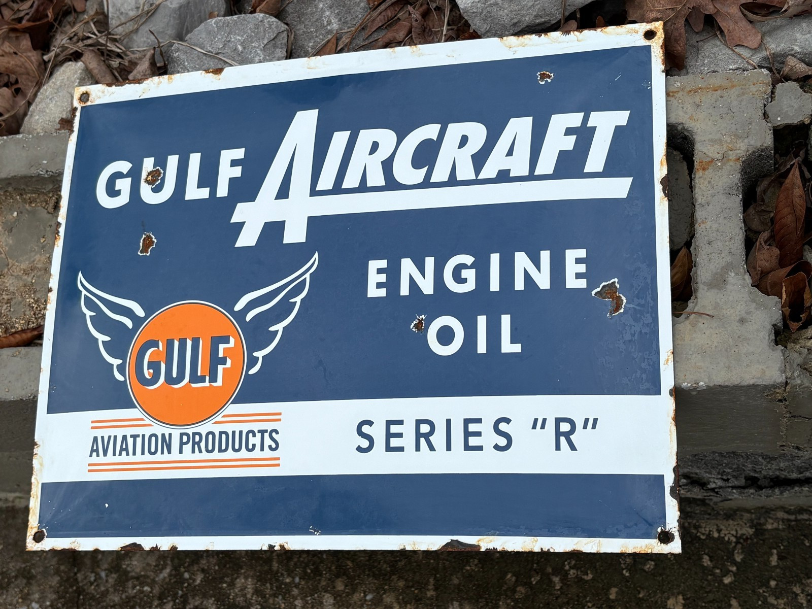 “GULF AIRCRAFT ENGINE OIL” PORCELAIN SIGN, (16″x 13″) GOOD COND, GREAT SIGN