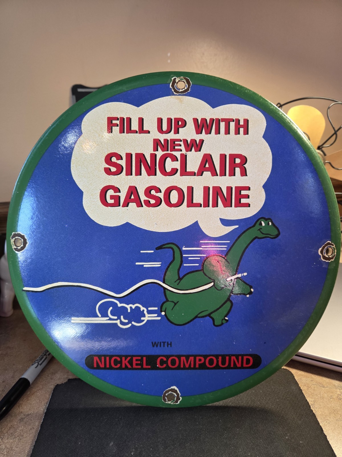 Porcelain Sinclair Dino Gasoline Sign 11 3/4″ Porcelain