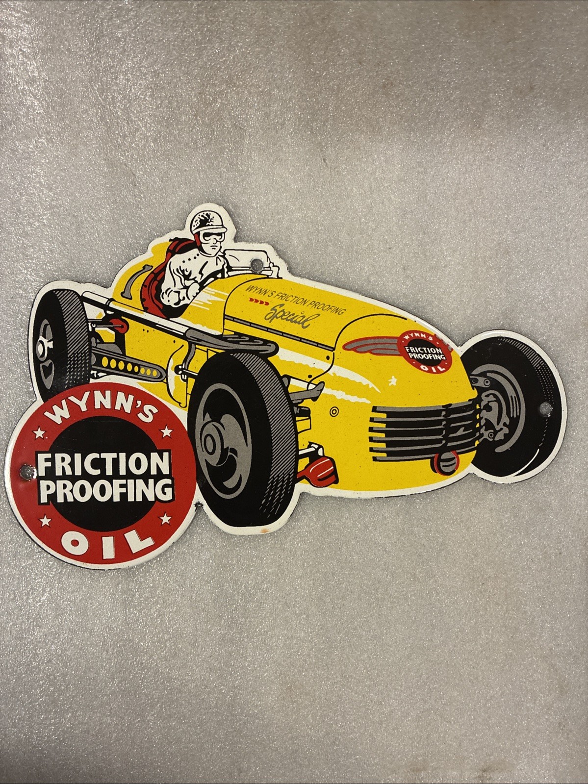 Vintage Wynn’s Oil Porcelain Sign Racing Oil Friction Proofing Race Car Gas