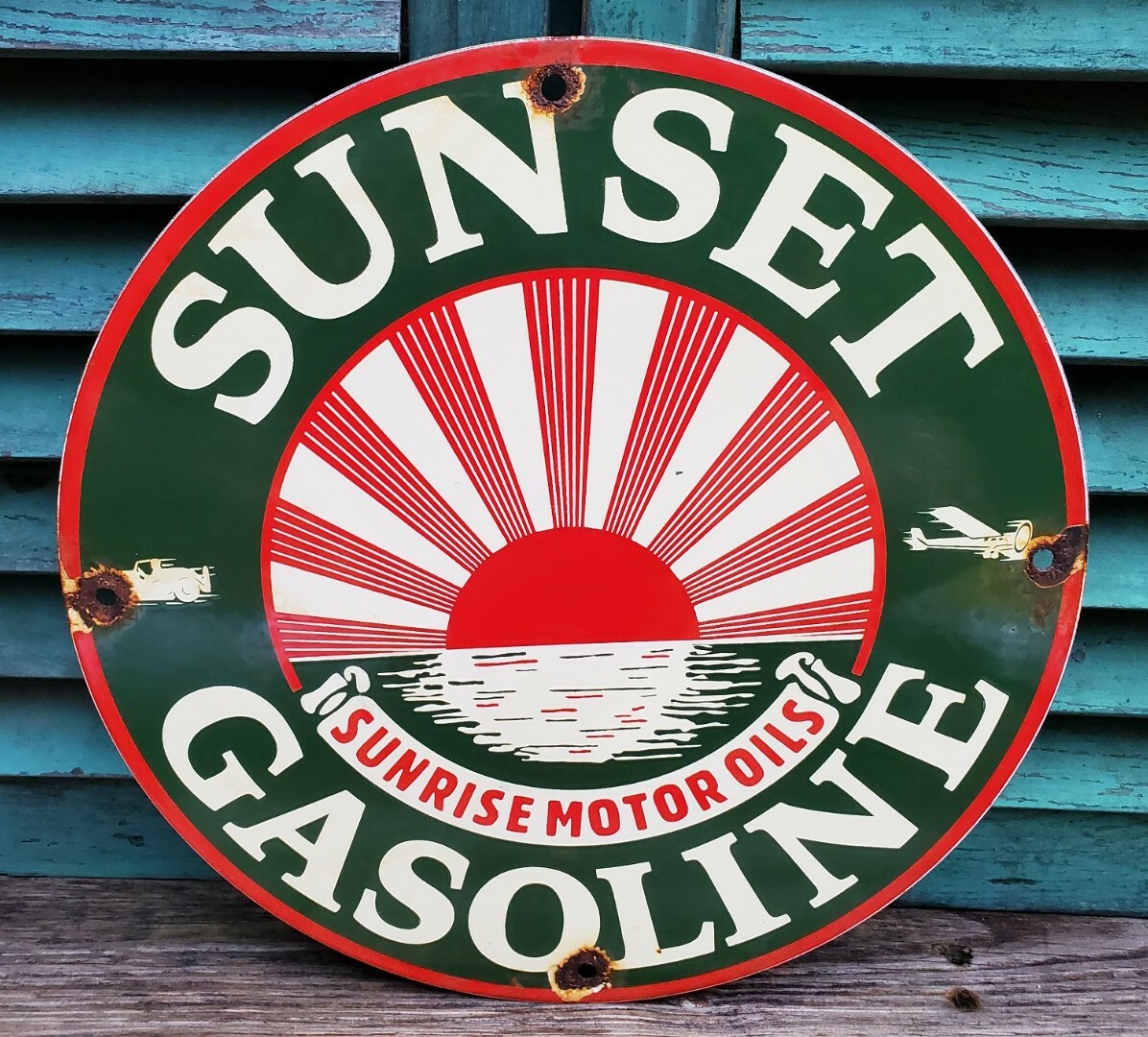 VINTAGE SUNSET GASOLINE PORCELAIN GAS AUTO OIL SERVICE STATION PUMP PLATE SIGN