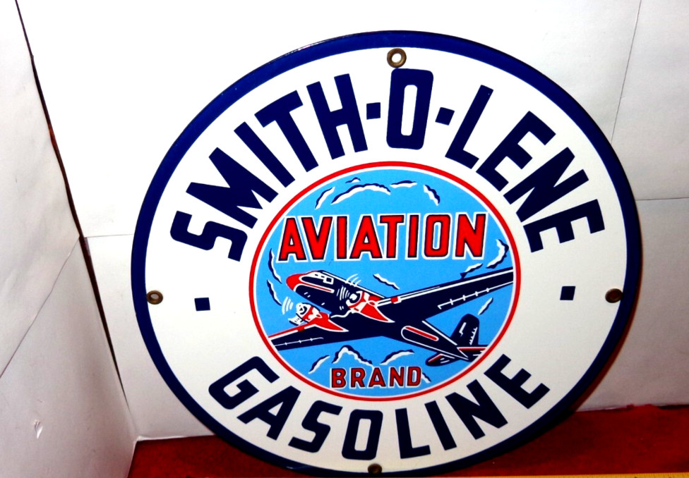 VINTAGE SMITH-O-LENE AVIATION 🛫 AIRPLANE GASOLINE 11 3/4″ PORCELAIN METAL SIGN