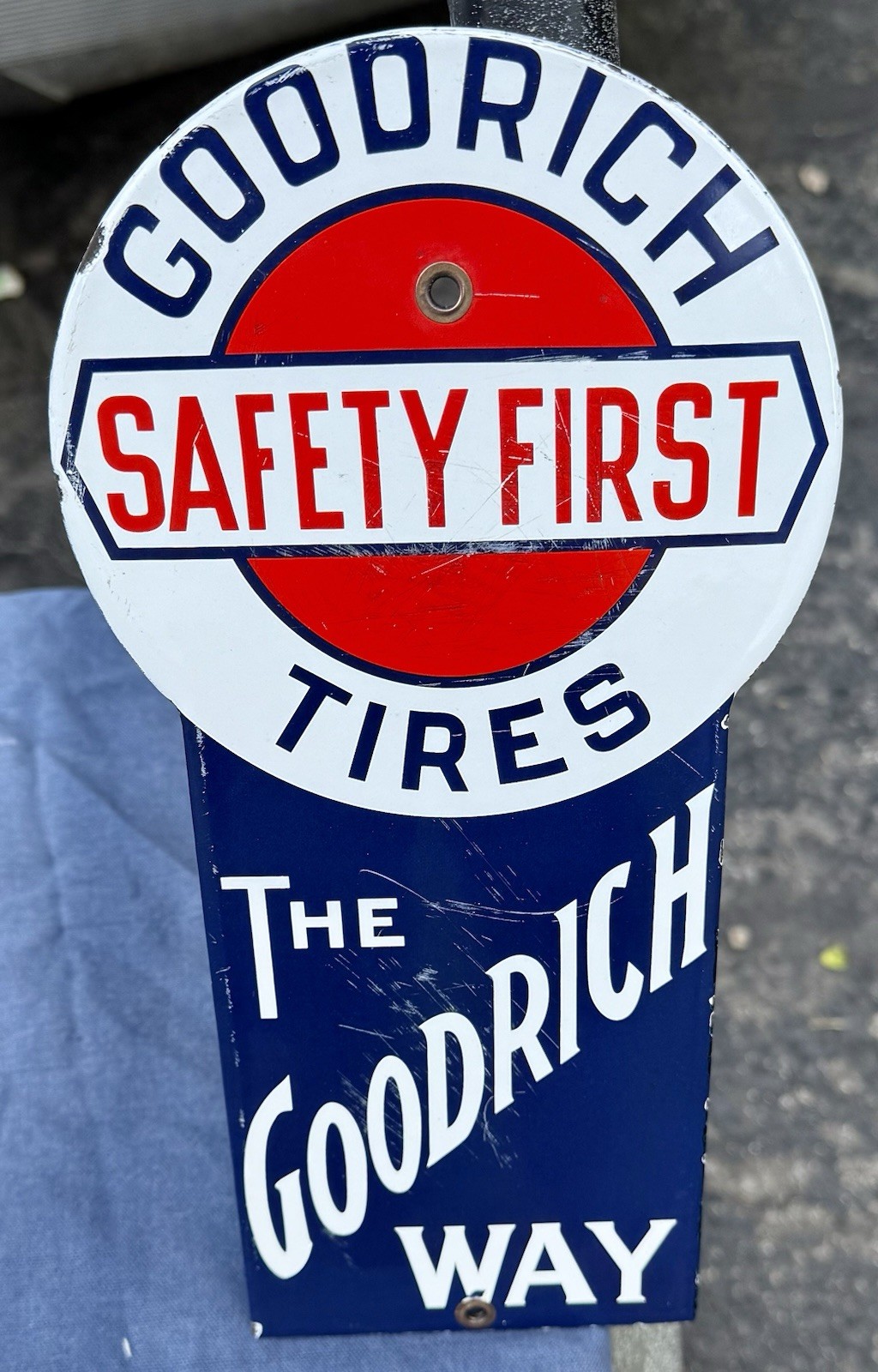 VINTAGE GOODRICH TIRES SAFTY FIRST PORCELAIN SIGN, 11 3/4”x 6”, RARE
