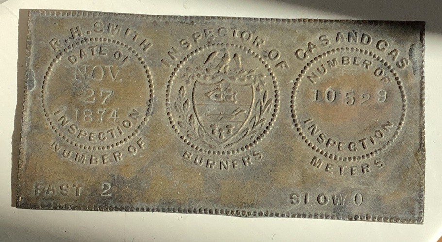 1874 Gas Meter Plate Brass Inspector Tag R.H Smith Burner Seal Victorian Vintage