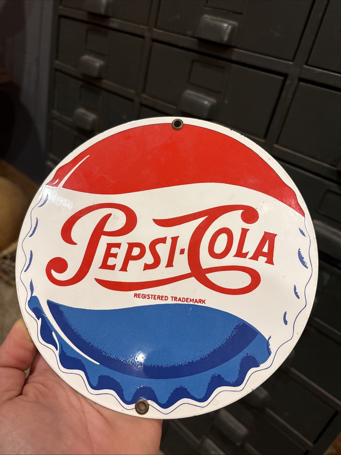 Vintage 8″ Pepsi Cola Porcelain Enameled Metal Sign Estate Piece Free S/H Nice