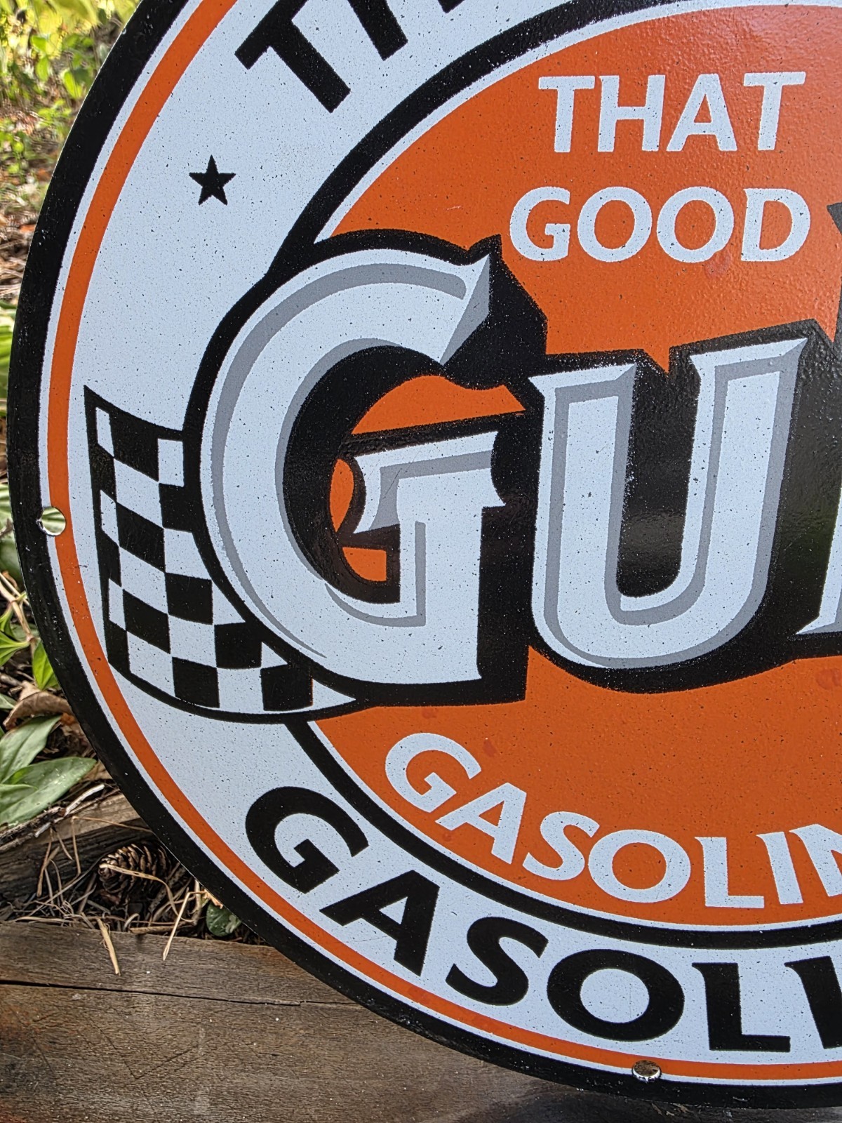 VINTAGE “THAT GOOD GULF “GASOLINE PORCELAIN GAS PUMP MOTOR OIL SIGN 12″