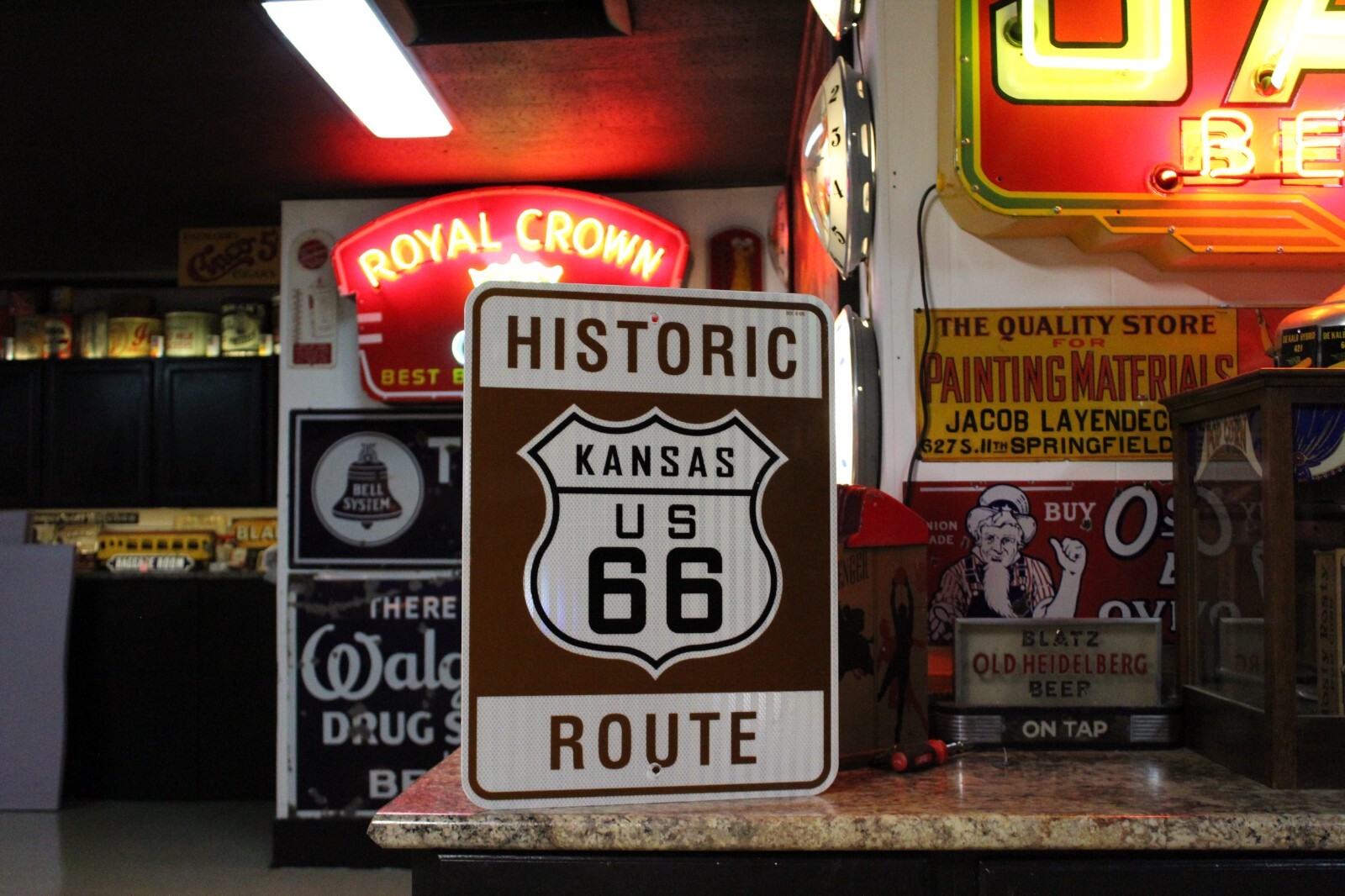 RARE KANSAS US ROUTE 66 HWY MOTHER ROAD METAL SIGN HISTORIC DOT 8-08 GAS FORD