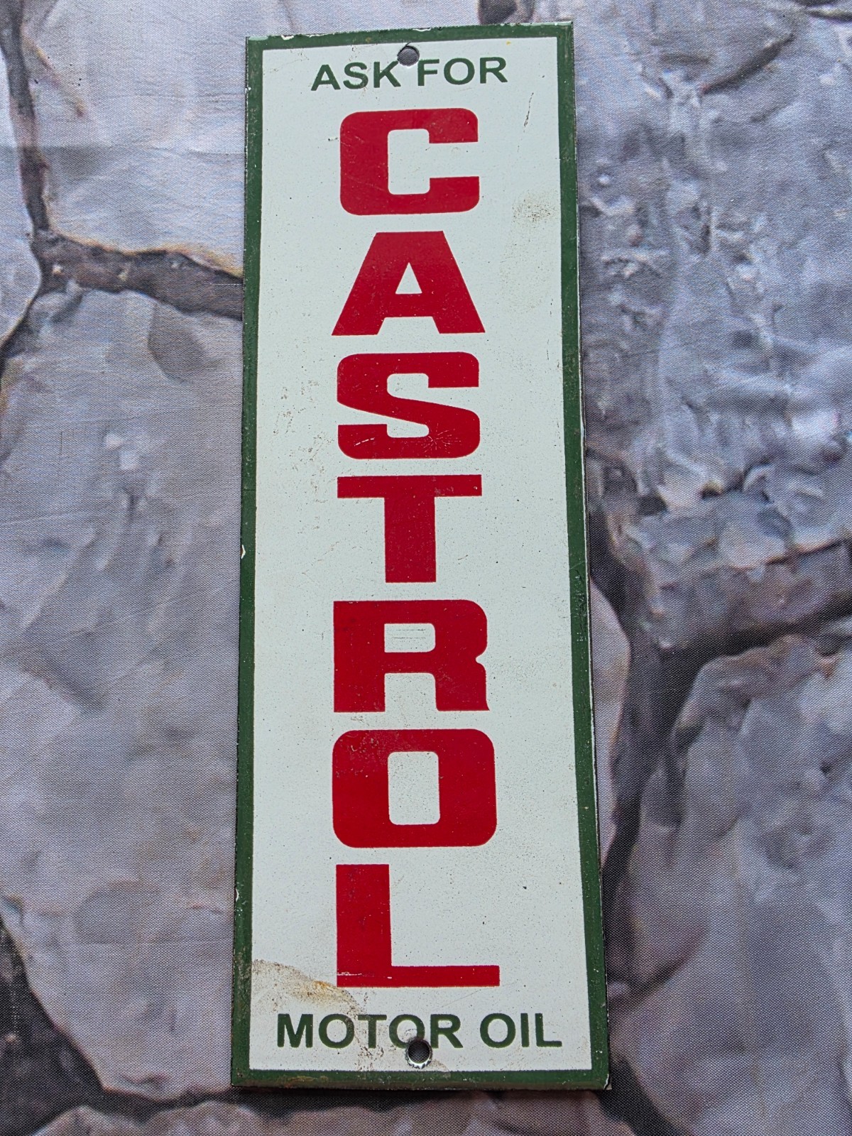 VINTAGE ASK FOR CASTROL MOTOR OIL PORCELAIN SIGN 12″×4″.