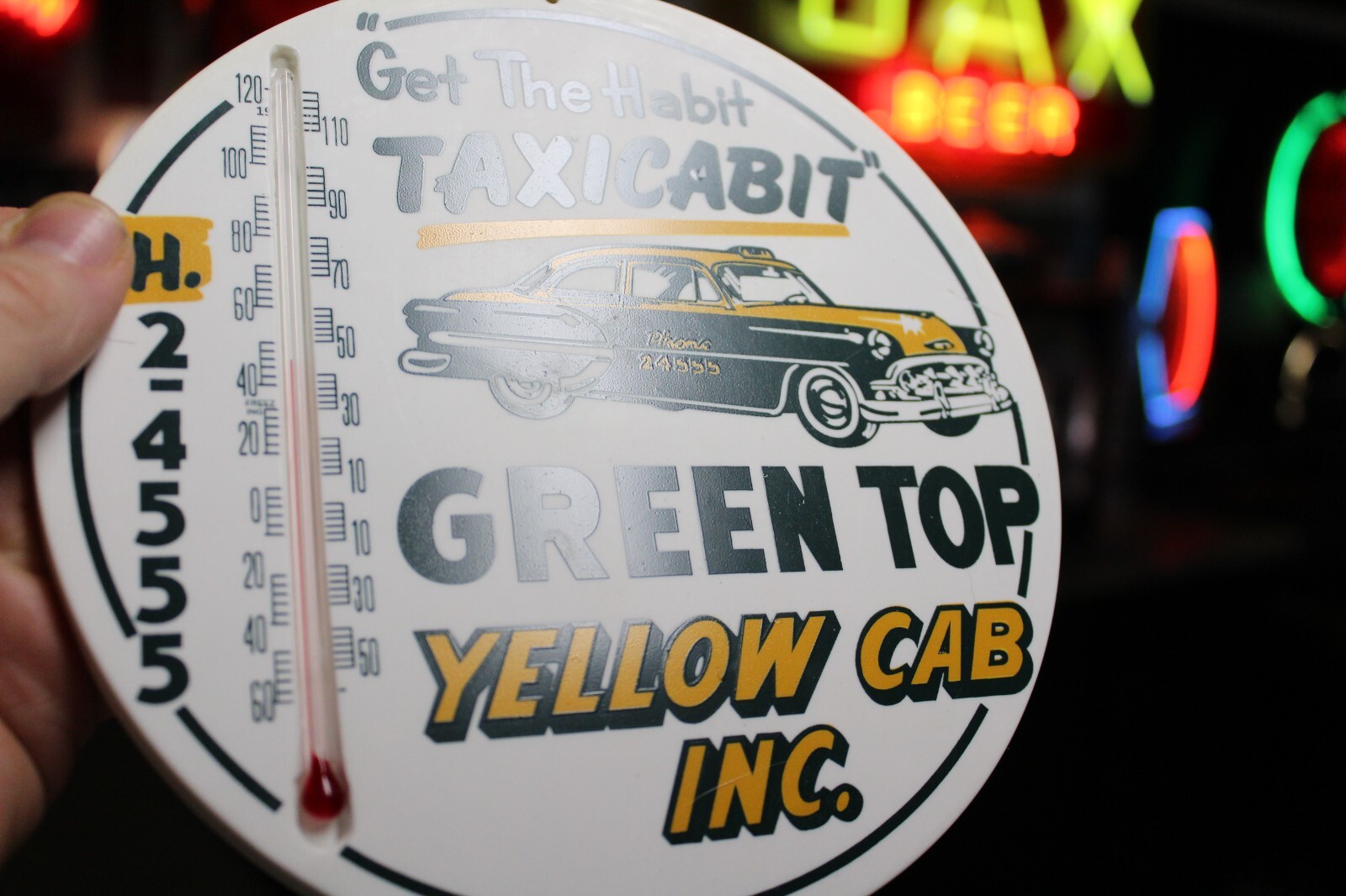 SCARCE 1950s YELLOW TAXI TAXI CAB GREEN TOP THERMOMETER SIGN GAS OIL CAR ARCADE