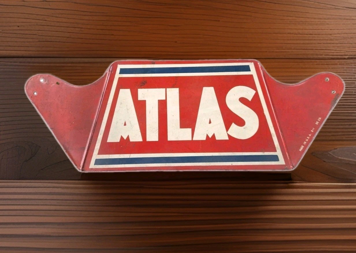 1950s Original Atlas Tire Stand Sign Metal Gas Oil Station Display Supply Co