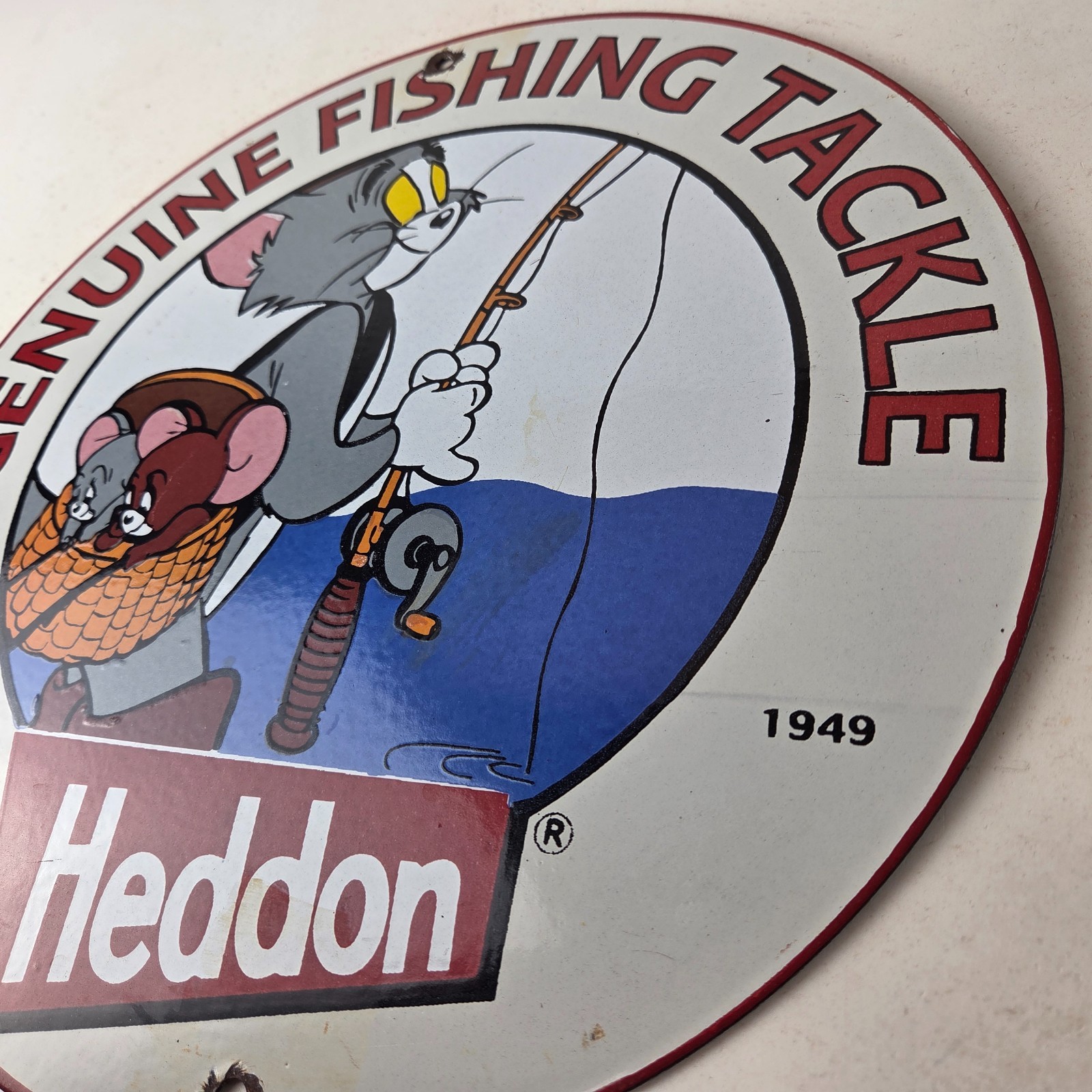 Vintage Heddon Fishing Lures Sign – Fish Tackle Lures Gas Ad Pump Porcelain Sign