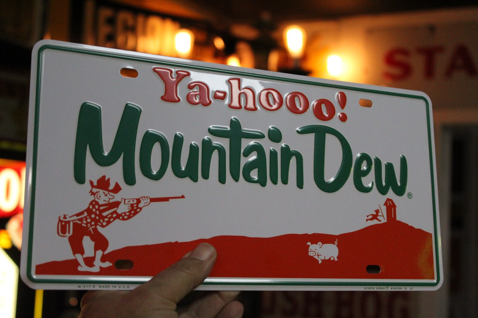 MOUNTAIN DEW SODA POP EMBOSSED METAL SIGN BOTTLE COKE FOUNTAIN GARAGE HILLBILLY