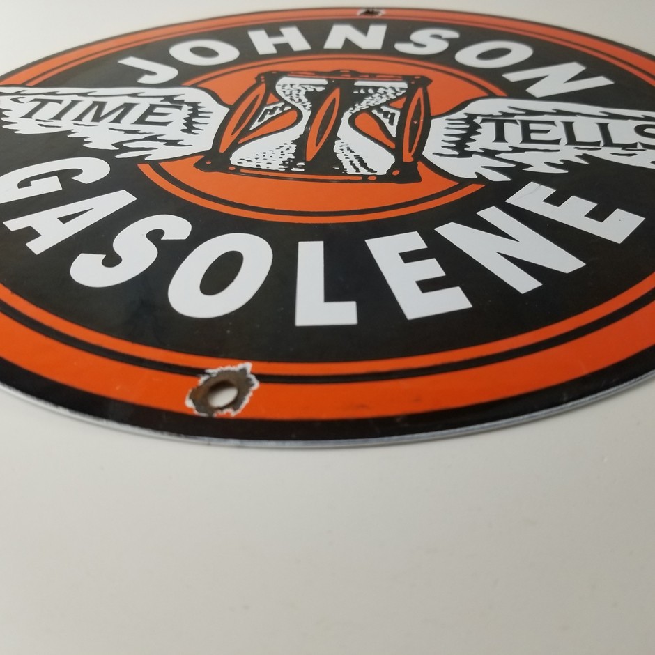 Vintage Johnson Gasoline Sign – Time Tells Gas Motor Oil Pump Porcelain Sign