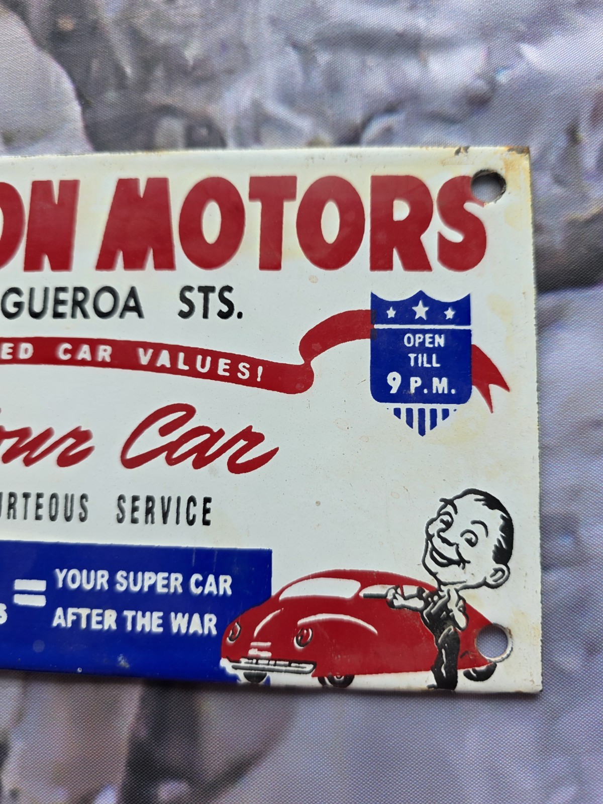 VINTAGE WASHINGTON MOTORS USED CARS PORCELAIN SIGN MOTOR OIL AUTO SALES 10″X4.5.