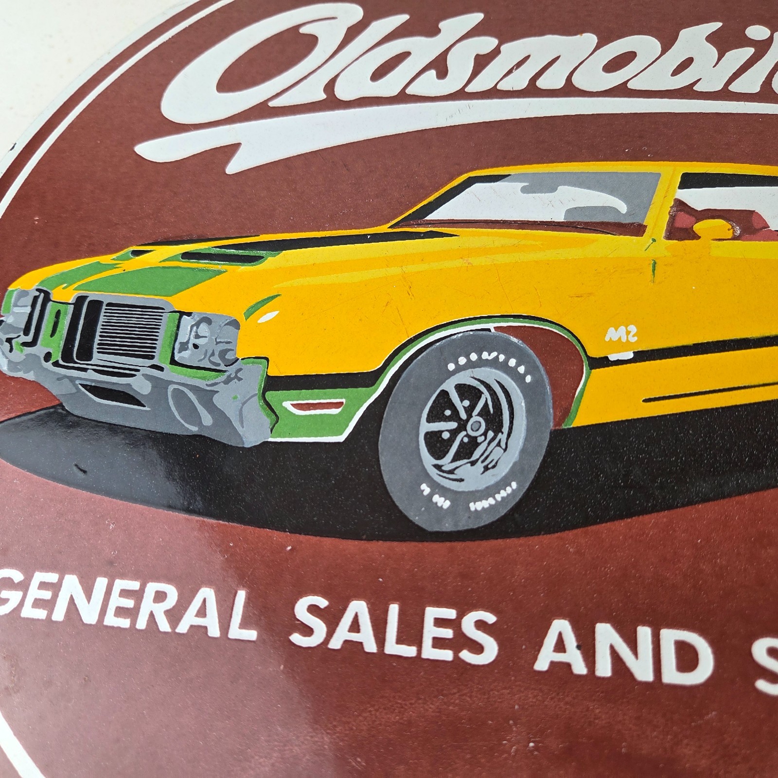 Vintage Oldsmobile General Sales Sign – Gas Pump Automobiles Porcelain Sign