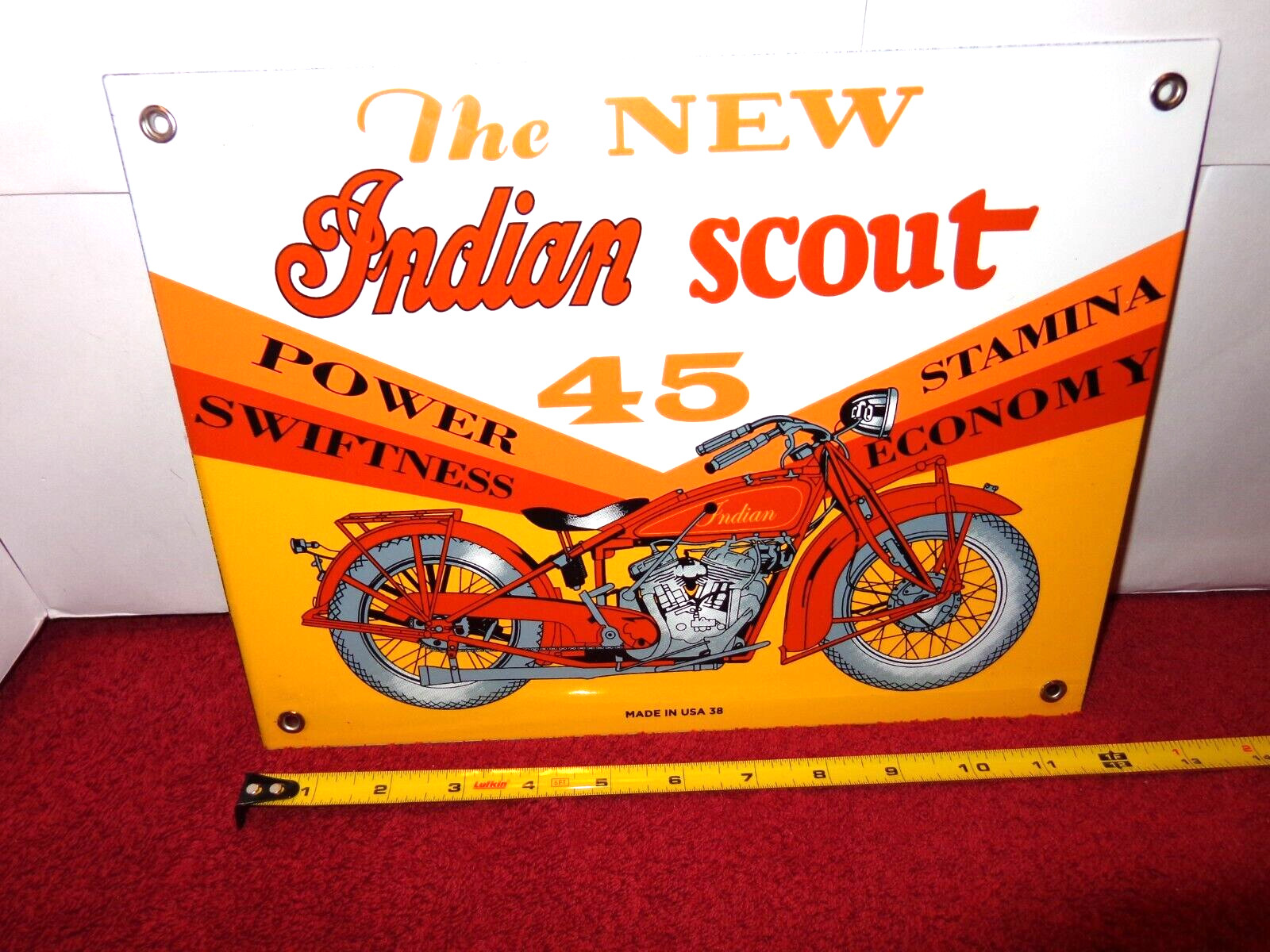 12 x 9 INDIAN SCOUT MOTORCYCLES ADV. SIGN HEAVY DIE CUT METAL PORCELAIN S -243E