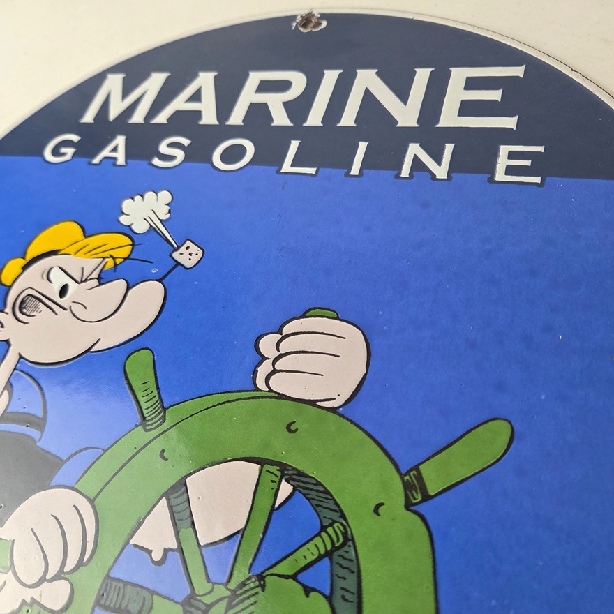 Vintage Marine Gasoline Sign – Popeye Sailor Porcelain Enamel Gas Oil Pump Sign
