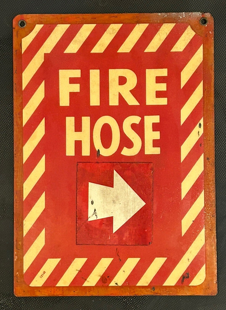FIRE HOSE ARROW READY MADE SIGN. Old Shop/industrial safety. 14”x10”