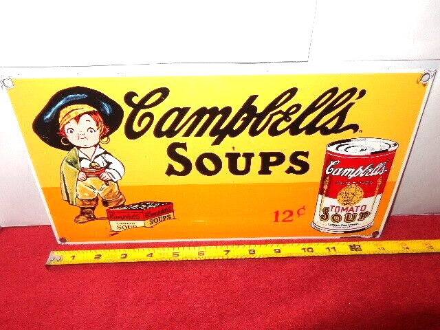 13 x 7 in CAMPBELL`S SOUPS 12 CENTS ADVERTISING SIGN HEAVY DIE CUT METAL # S 160