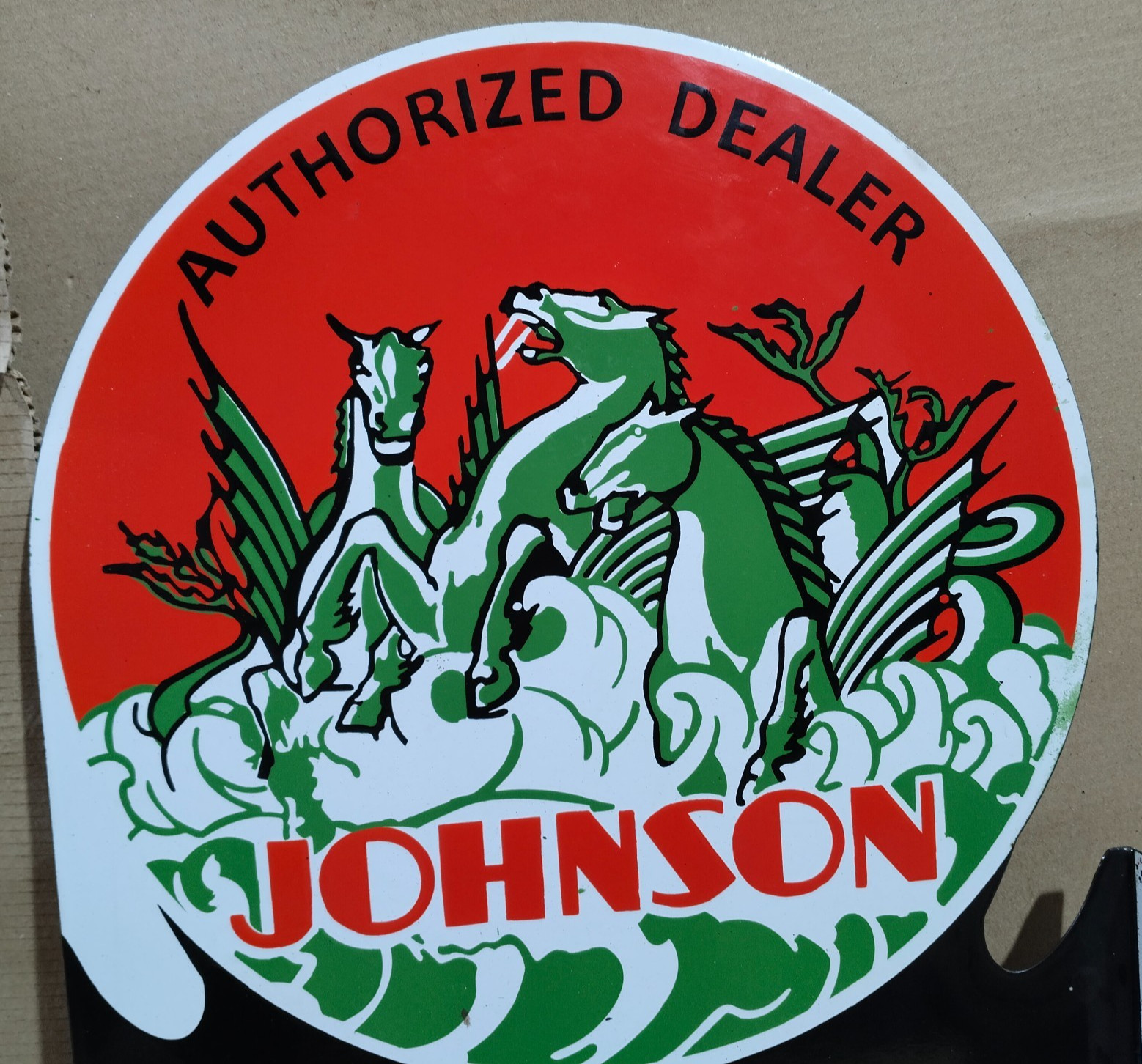 Johnson Outboard Motors And Boats Porcelain Enamel Sign 28 x 20 Inches 2 Sided