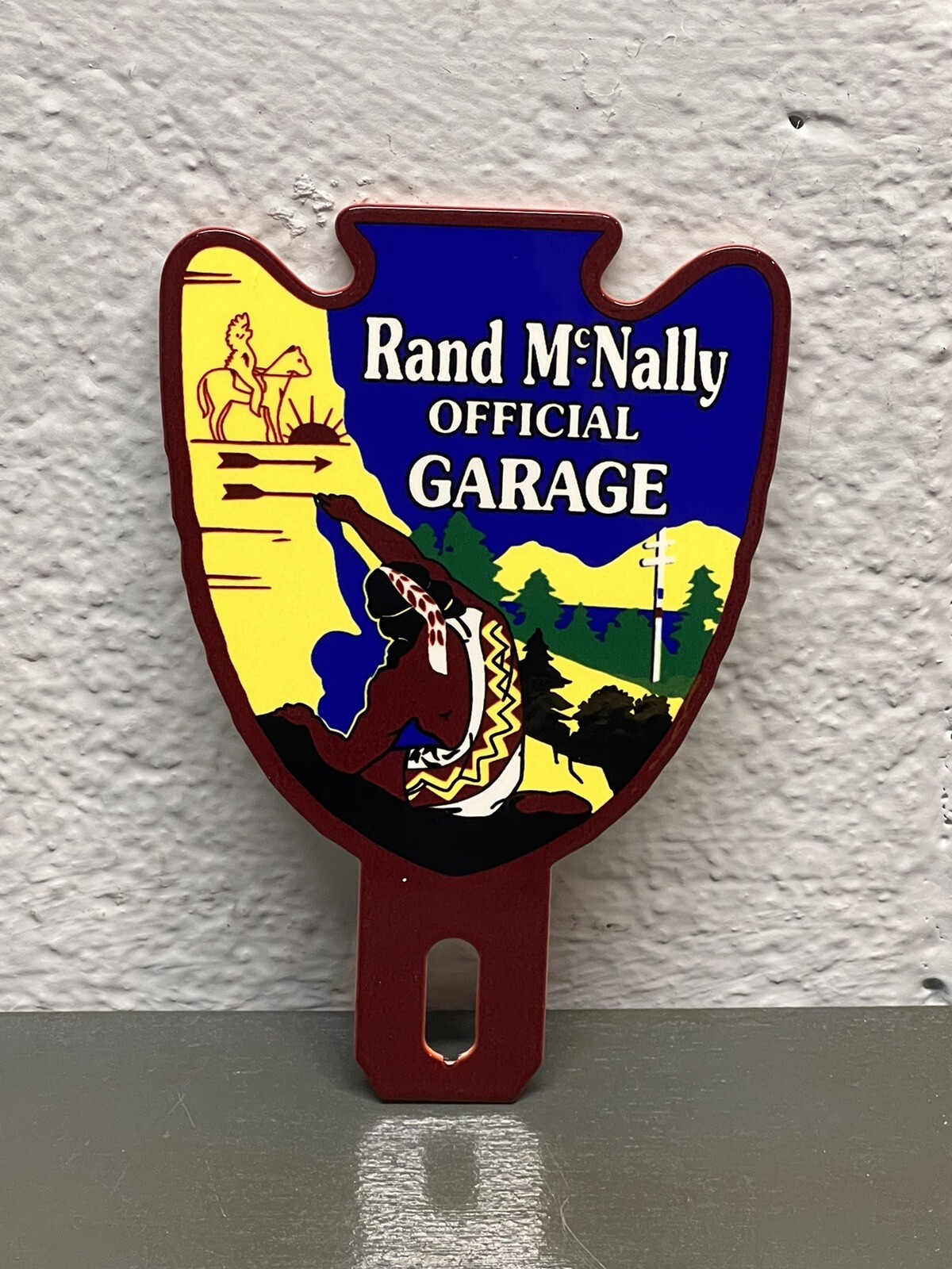 Rand McNally Official Garage Plate Topper Horse Arrowhead Gas Oil Sign Cowboy