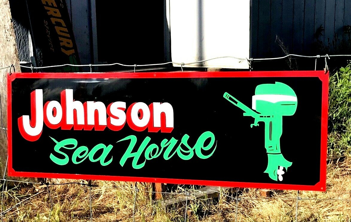 Large Vintage Hand Lettered JOHNSON OUTBOARD MOTOR Boat Gas Man Cave Fish SIGN