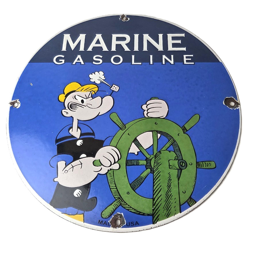 Vintage Marine Gasoline Sign – Popeye Sailor Porcelain Enamel Gas Oil Pump Sign