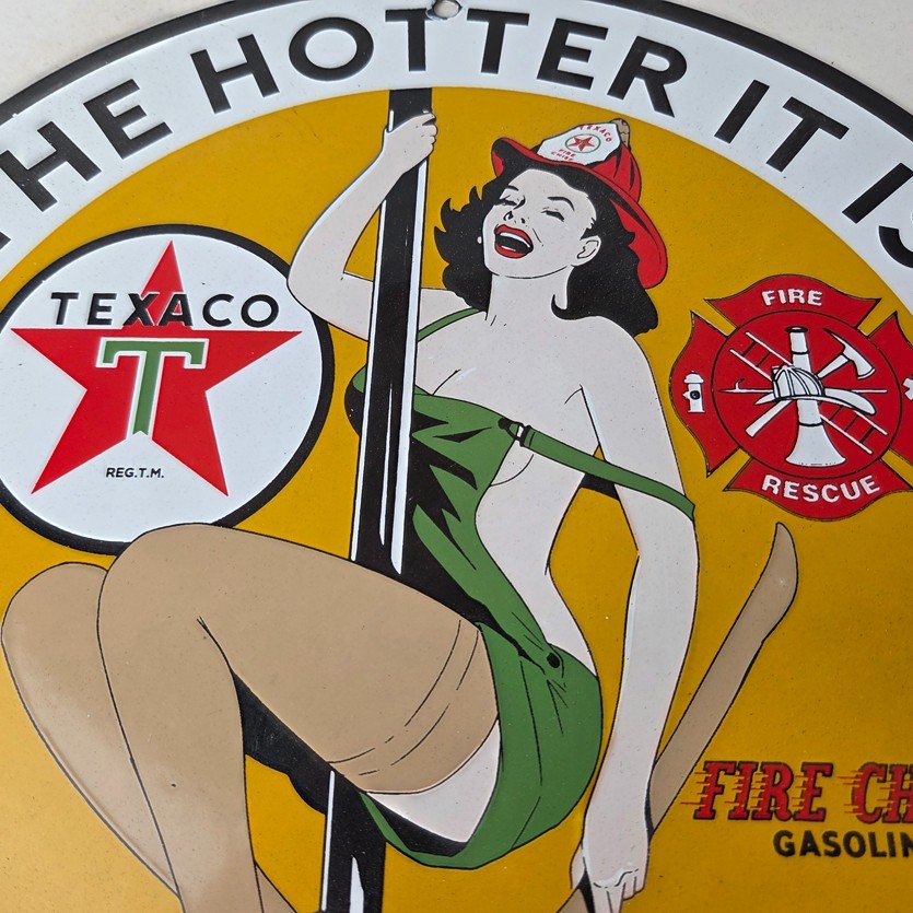 Vintage Texaco Gasoline Sign – Fire Pole Fire Chief Gas Pump Ad Porcelain Sign