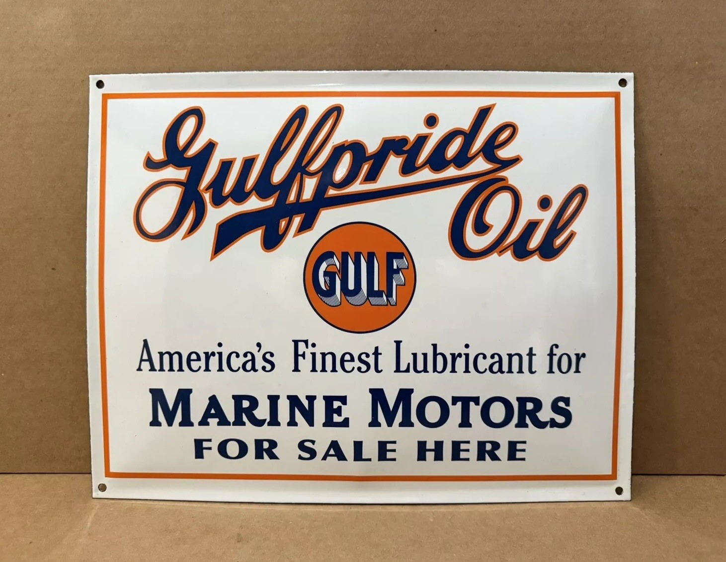 Vintage Porcelain Gulf Oil Sign Marine Motors Gulfpride Gas Wall Decor Boat