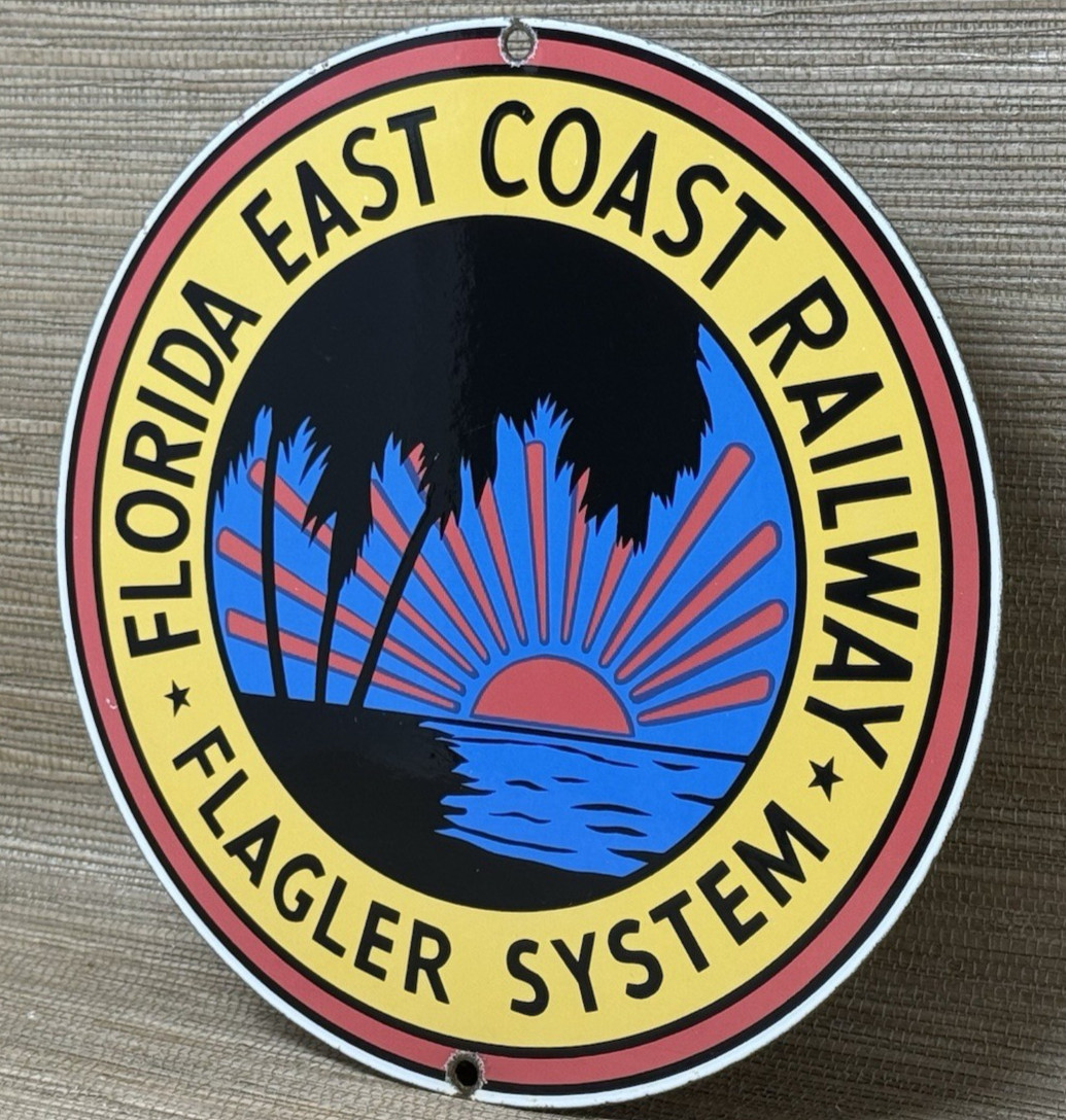 VINTAGE FLORIDA EAST COAST RAILWAY PORCELAIN SIGN FLAGLER SYSTEM GAS OIL TRAIN