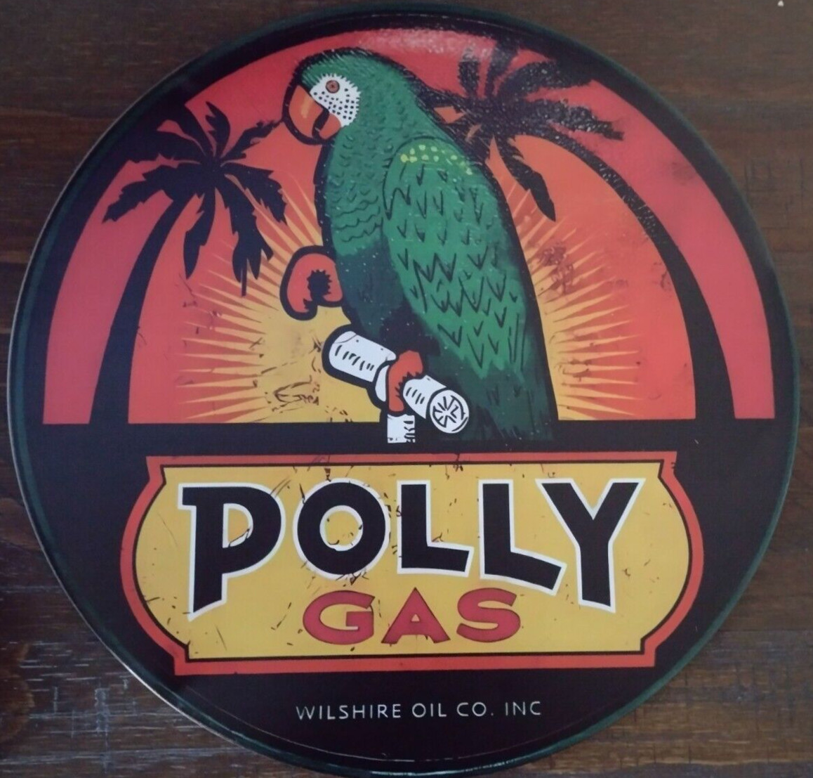 Polly Gas-Wilshire Oil Iconic Parrot Logo Rustic 12″ Round Sign Aluminum