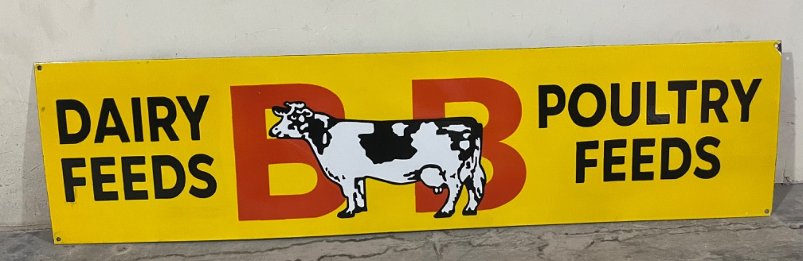 Vintage BB Poultry Feeds & Dairy Feeds Gas & Oil Porcelain Enamel Sign 48×12″.