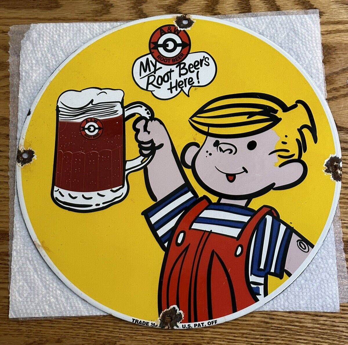 A & W Root Beer Dennis The Menace Porcelain Metal Soda Pop Advertising Sign 12″