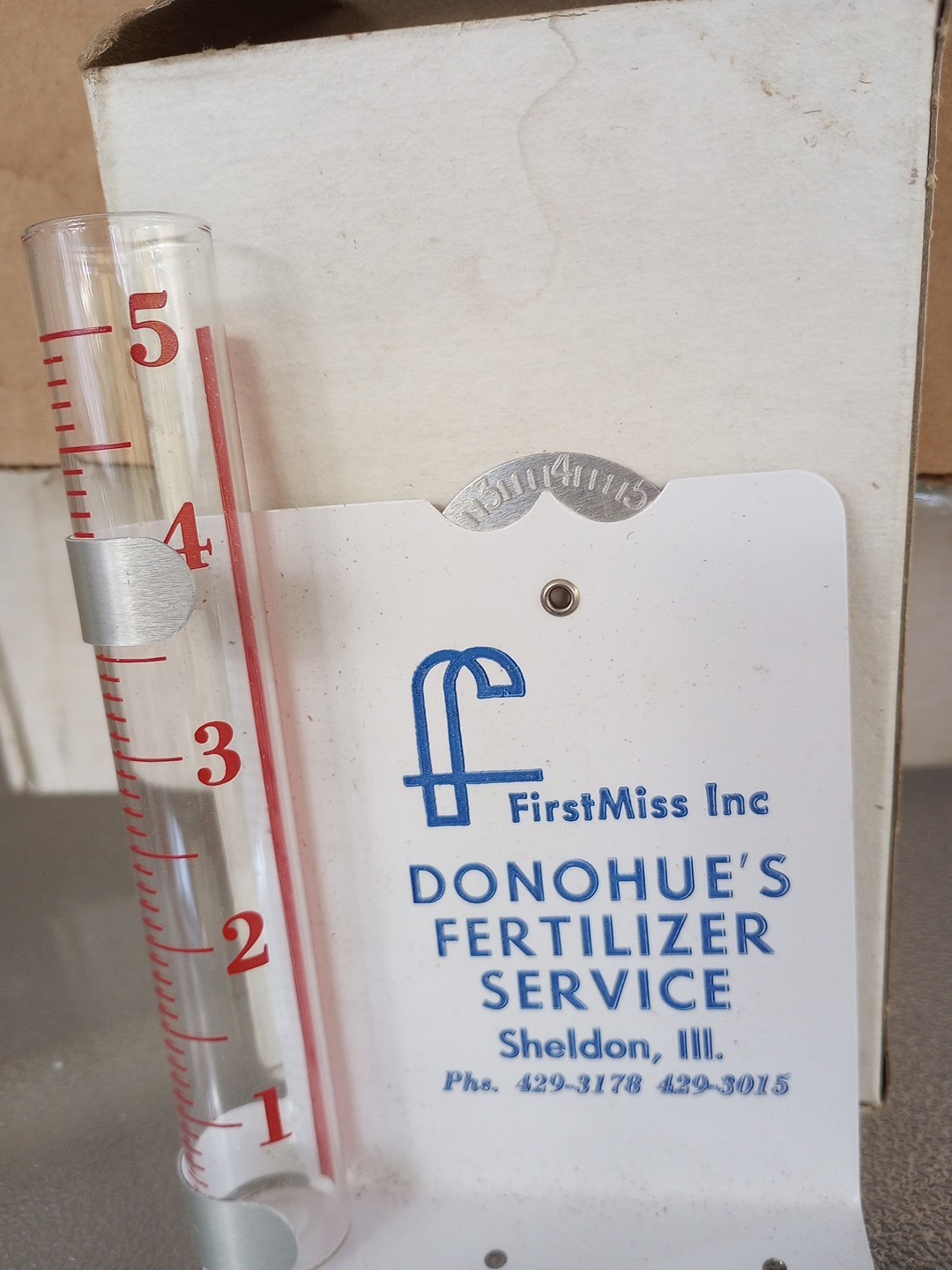 Old Elevator Ad. Rain Gauge’First Miss Inc Donahue’s Fertilize’ Sheldon,Illinois