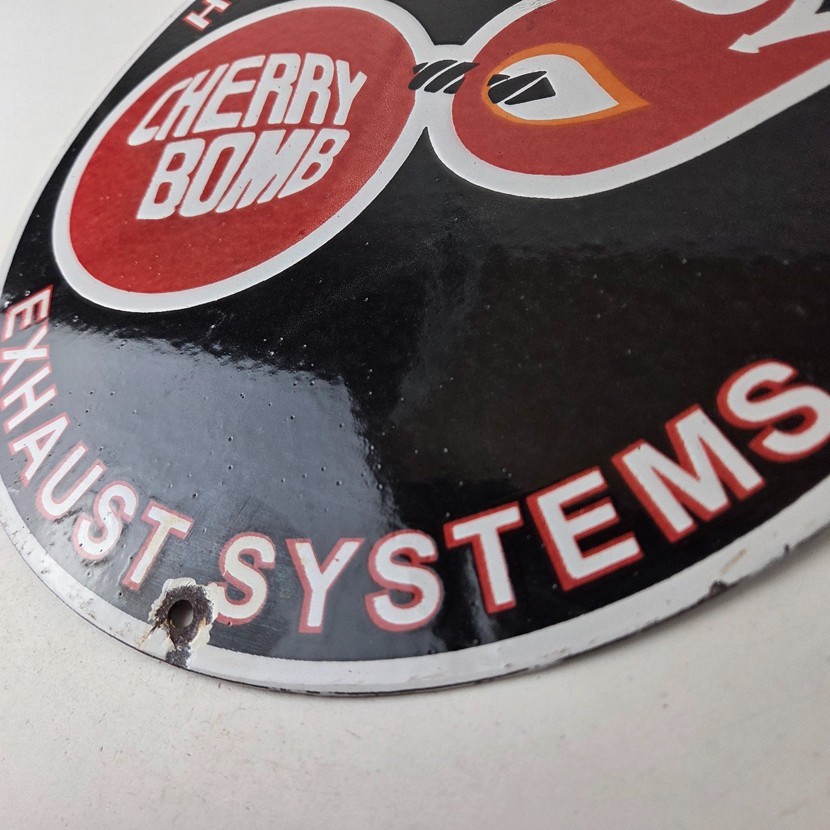 Vintage Cherry Bomb Sign – Auto Mechanic Exhaust Gas Pump Hot Rod Porcelain Sign