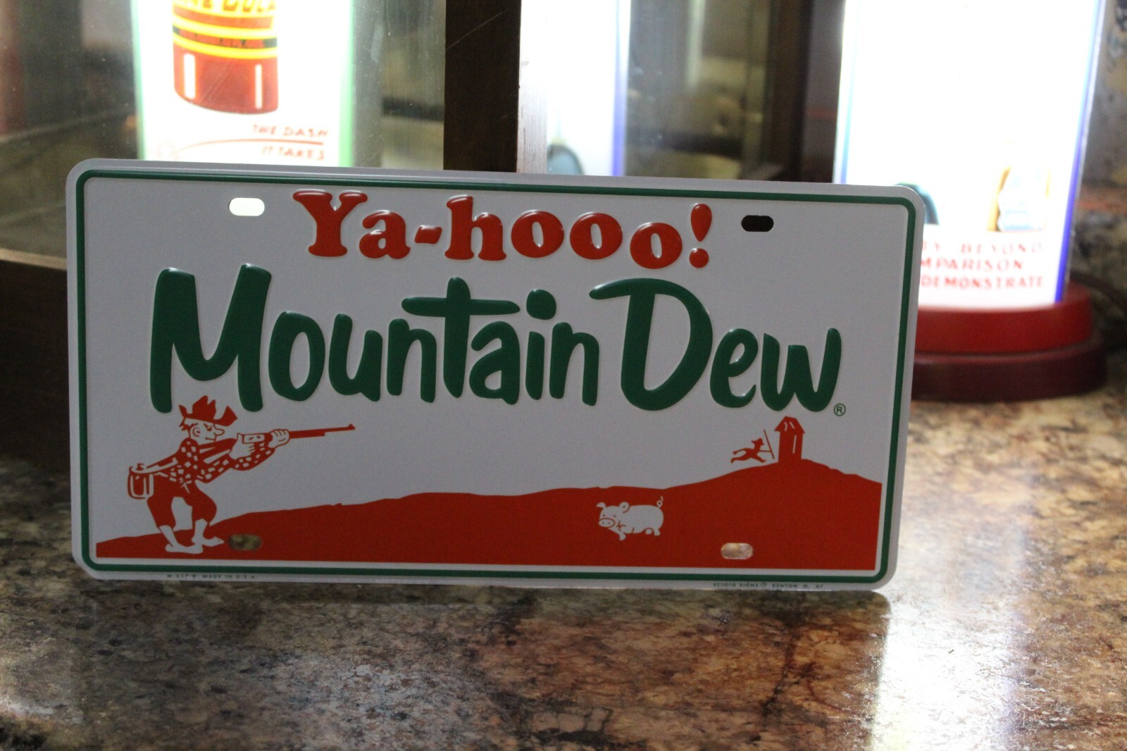 MOUNTAIN DEW SODA POP EMBOSSED METAL SIGN BOTTLE COKE FOUNTAIN GARAGE HILLBILLY