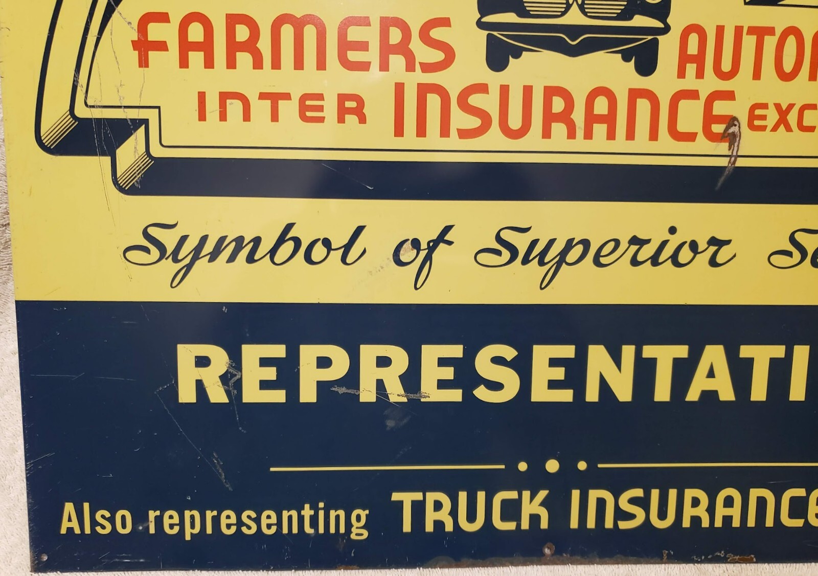 VERY RARE 1940’S FARMERS AUTOMOTIVE INTER INSURANCE EXCHANGE TIN SIGN 20″ X 17″