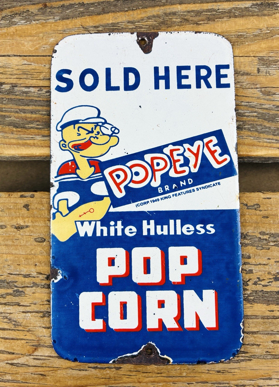 VINTAGE POPEYE White Hulless POPCORN SOLD HERE GAS OIL PUMP PORCELAIN AD SIGN