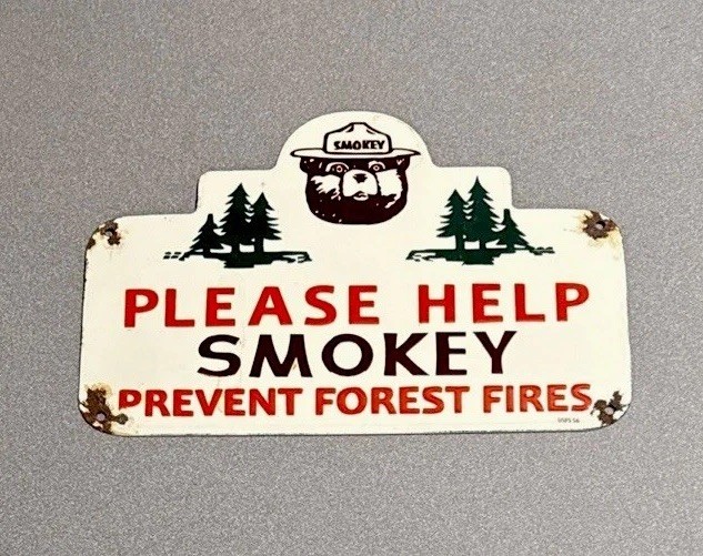 VINTAGE 14” 1956 SMOKEY BEAR FOREST PORCELAIN SIGN CAR GAS TRUCK OIL MOTORCYCLE
