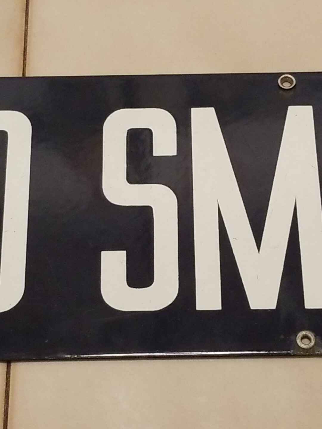 Vintage Porcelain Navy Blue & White NO SMOKING Sign 20″ x 7″ Very Good Condition