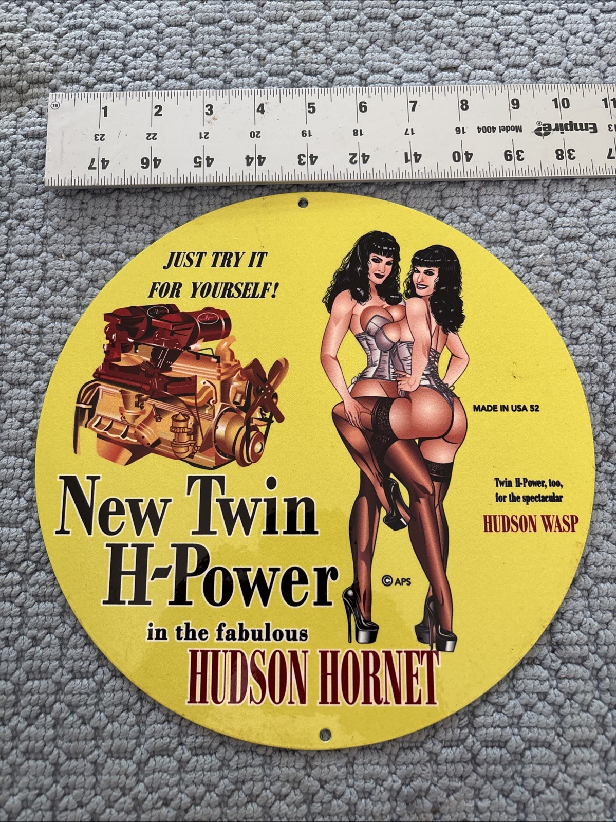 VINTAGE HUDSON HORNET 1952 Risqué Heavy METAL SIGN 10” Nice A1