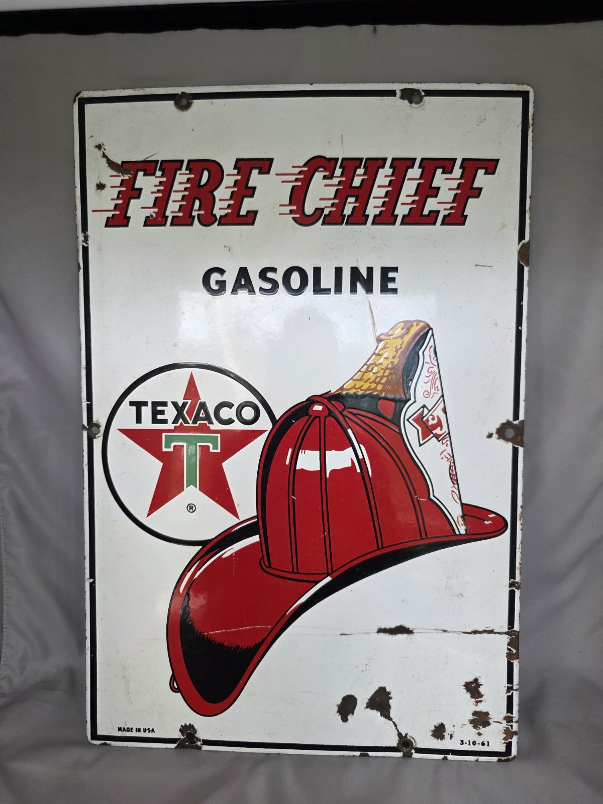Vintage Rare 1961 Fire Chief Gasoline Porcelain Sign 12×18