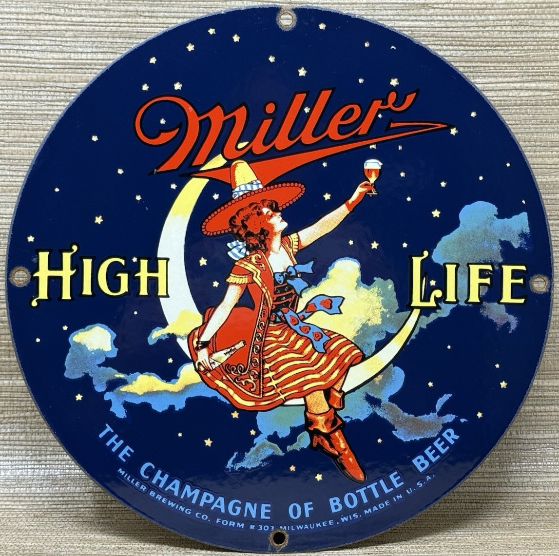VINTAGE MILLR HIGH LIFE BEER PORCELAIN SIGN GAS STATION OIL LIQUOR STORE BOTTLE