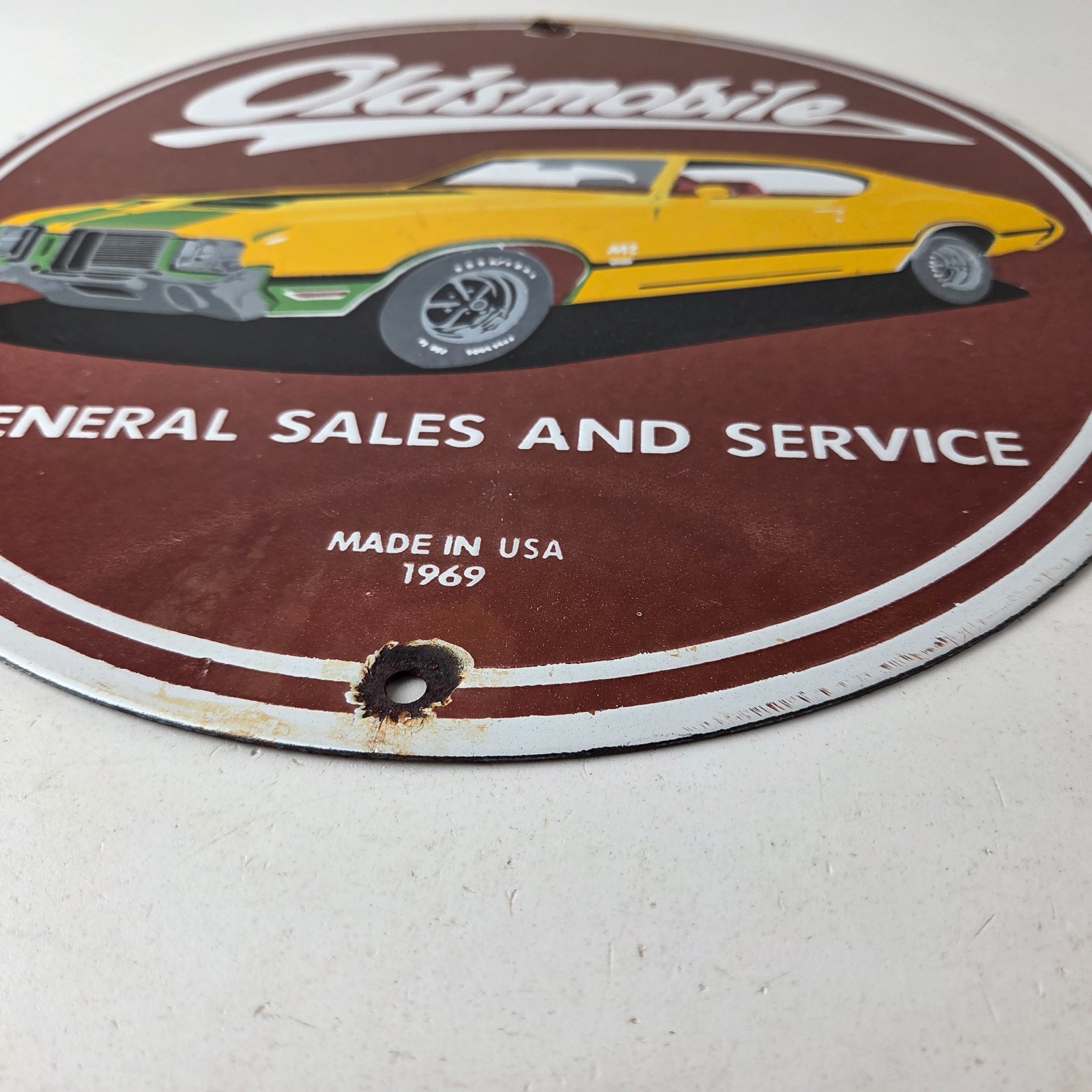 Vintage Oldsmobile General Sales Sign – Gas Pump Automobiles Porcelain Sign