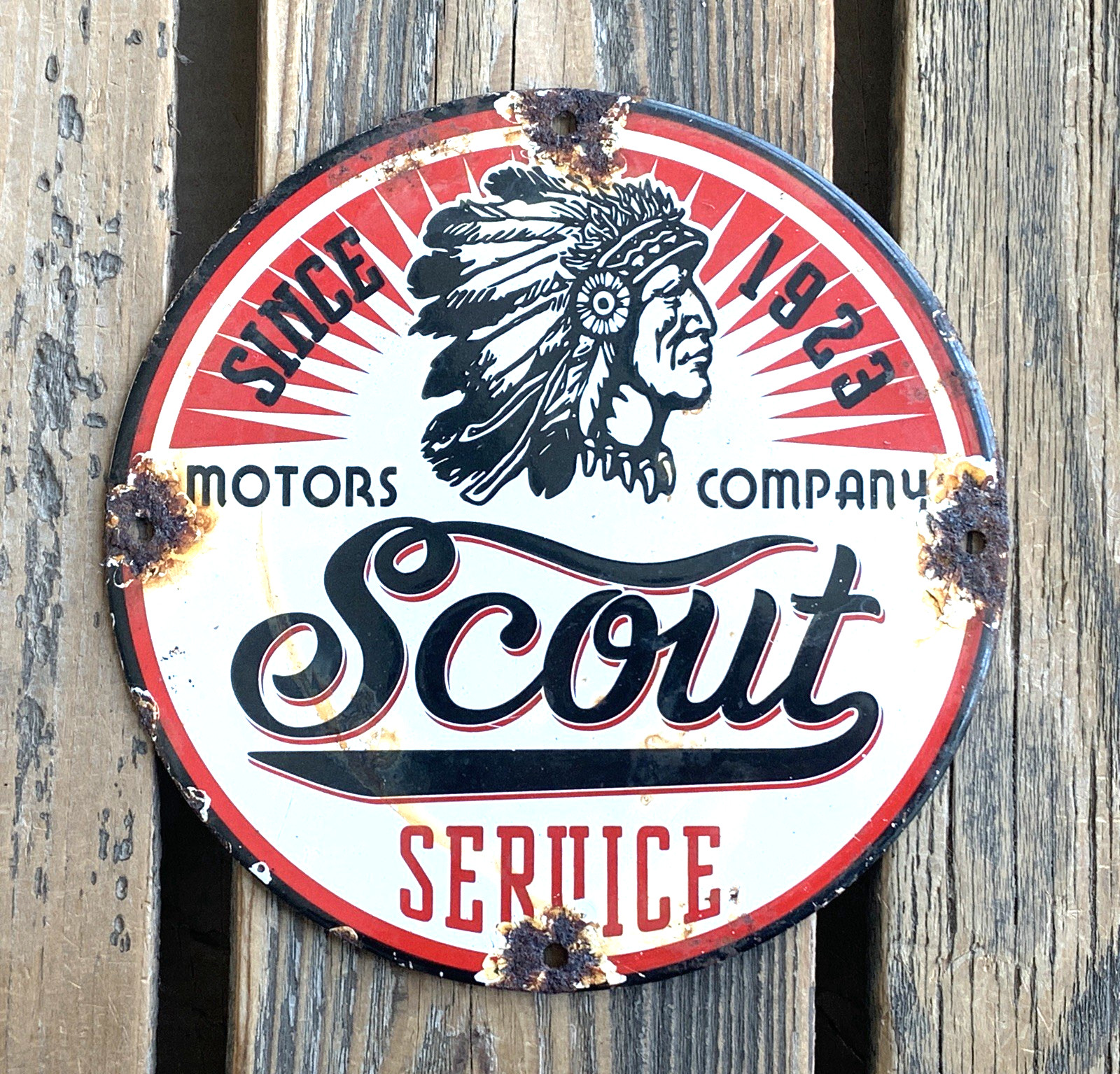 VINTAGE 8″ SCOUT SERVICE MOTOR OIL SALES & SERVICE GASOLINE PUMP PORCELAIN SIGN