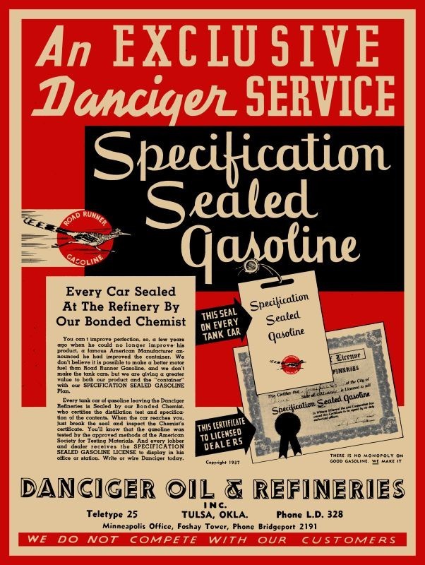 1937 DANCIGER Oil & Refineries of TULSA- Road Runner Gas New Metal Sign: 12×16″