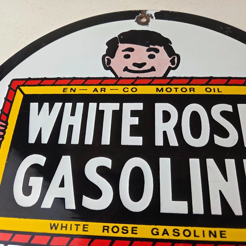 Vintage White Rose Gasoline Sign – En Ar Co Motor Oil Gas Station Pump Sign