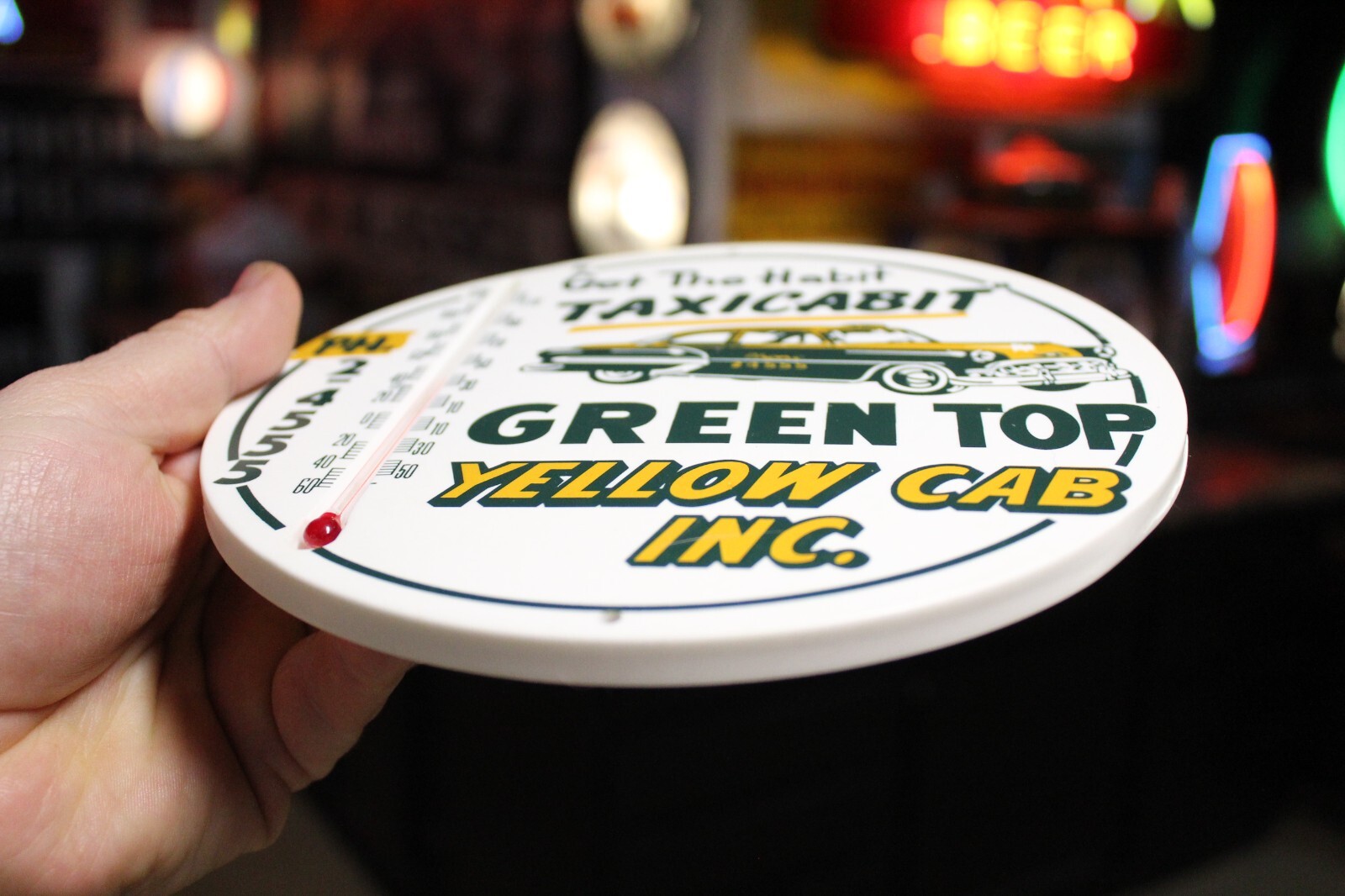 SCARCE 1950s YELLOW TAXI TAXI CAB GREEN TOP THERMOMETER SIGN GAS OIL CAR ARCADE