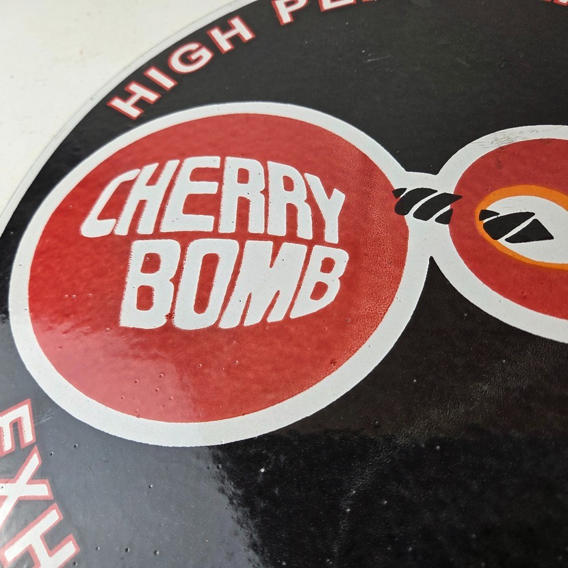 Vintage Cherry Bomb Sign – Auto Mechanic Exhaust Gas Pump Hot Rod Porcelain Sign